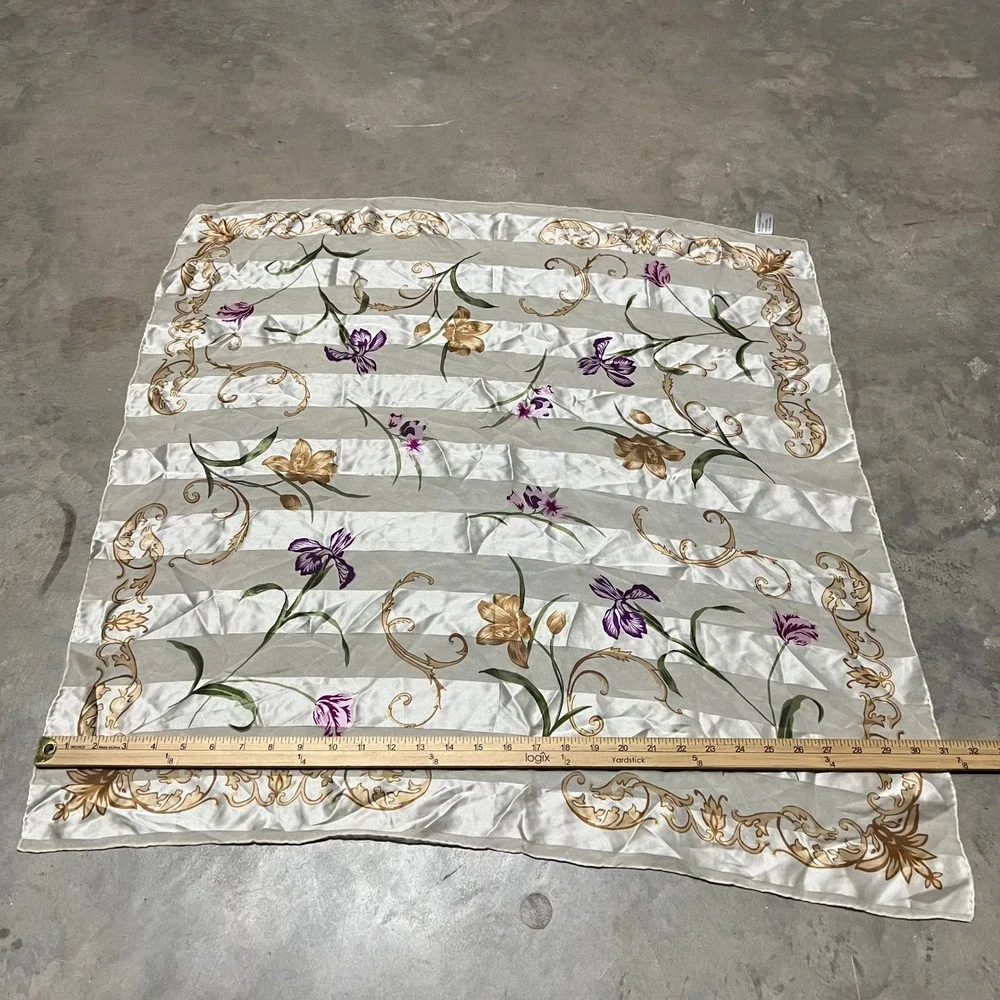 The Specialty House Silk Scarf Square Floral Iris Striped Gold Purple Cream 32in